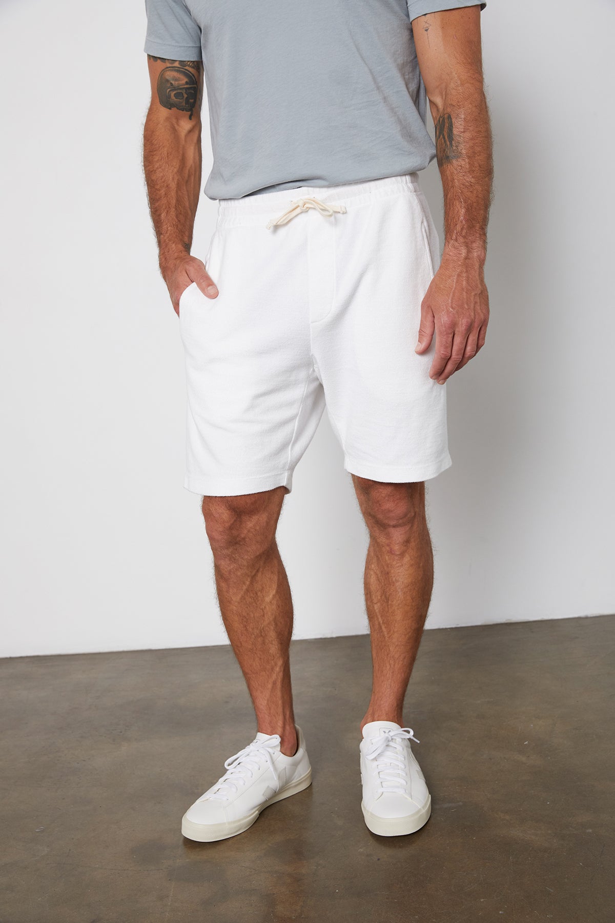 Chase French Terry Sweat Short in Salt Front with Model's hand in Pocket-24707421864129