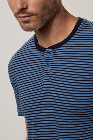 Albert Henley with medium and dark blue stripes front detail