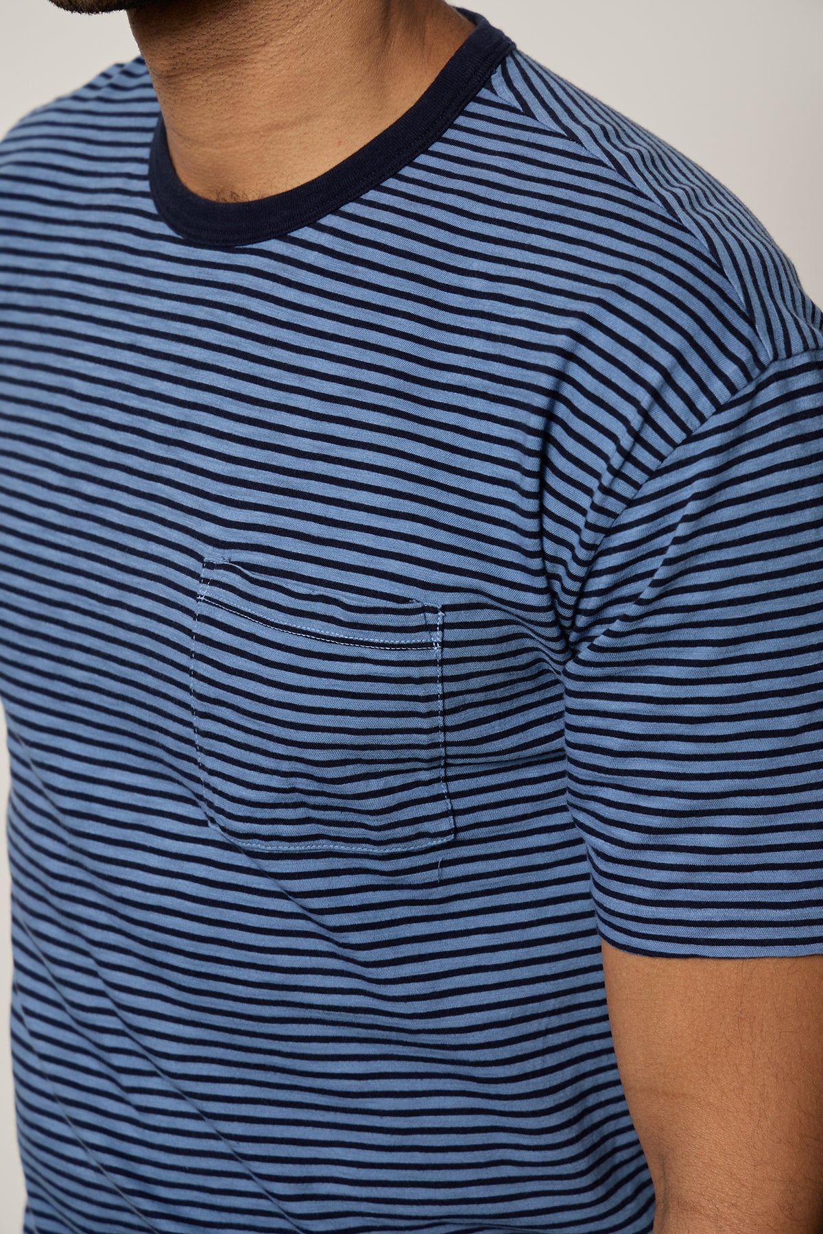 Jeremy Crew Neck Tee with medium and dark blue stripes, front pocket, front close up detail-26249324560577