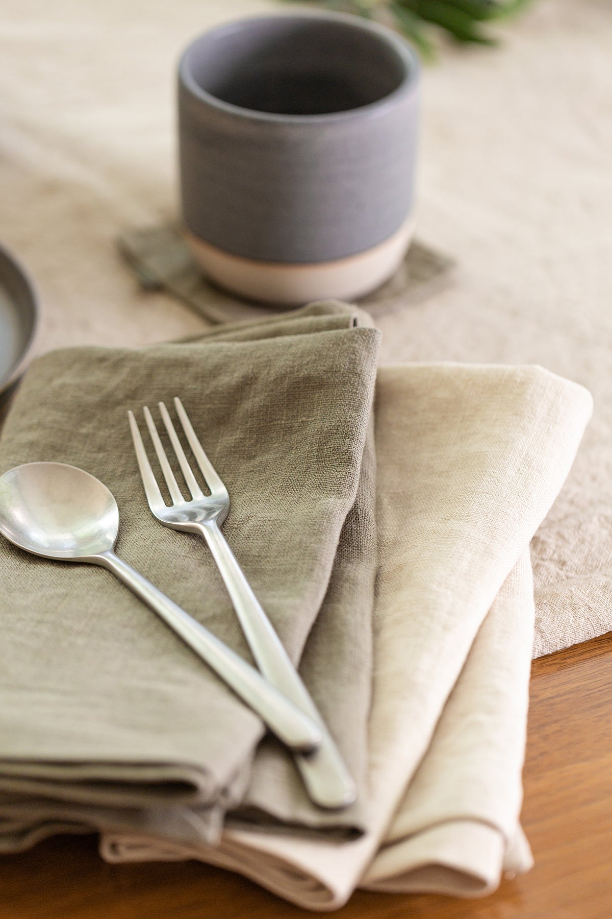   A set of Jenny Graham Home linen napkins, an everyday kitchen essential, and silverware are elegantly arranged on a table with a luxe finish. 