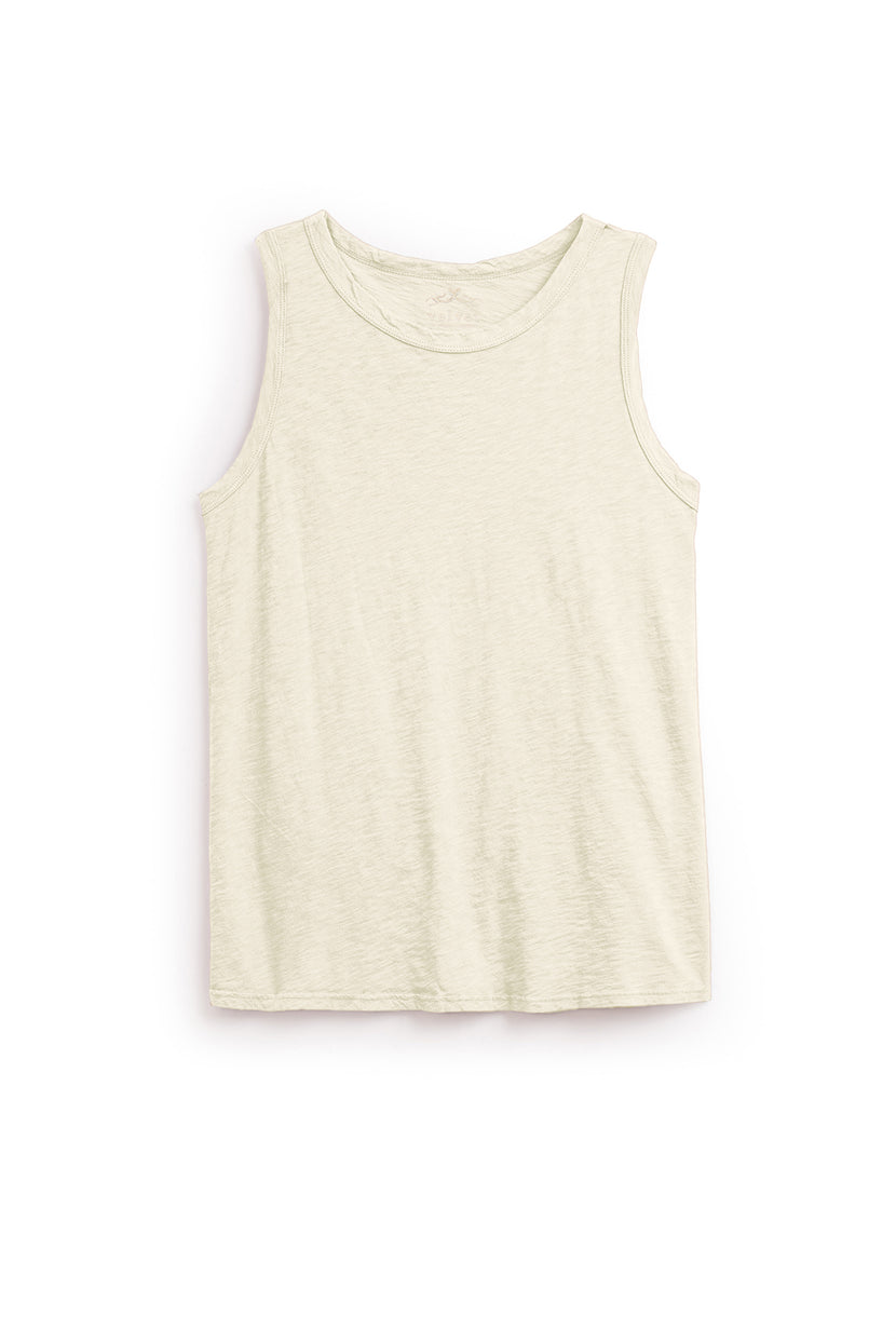 A plain, sleeveless TAURUS TANK TOP in textured cotton slub by Velvet by Graham & Spencer, featuring a timeless crew neck, laid flat against a white background.