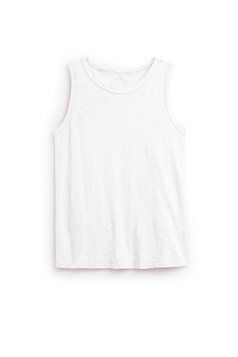 A versatile staple, this plain white TAURUS TANK TOP by Velvet by Graham & Spencer is crafted from textured cotton slub and displayed against a white background.