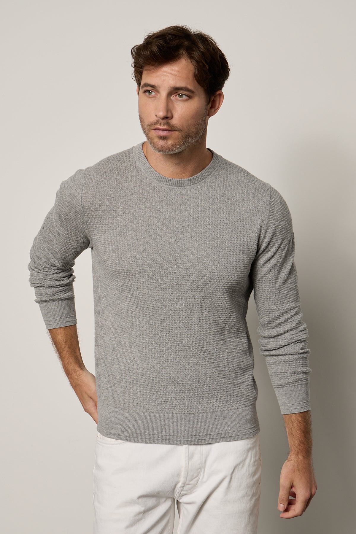 Ace Thermal Crew in heather grey with white denim front-25943733534913