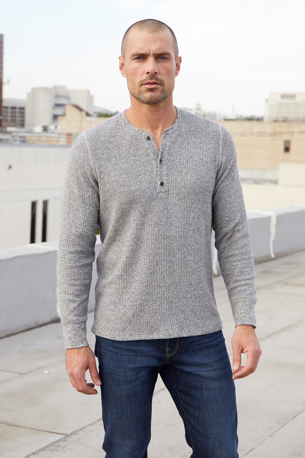 Anthony Thermal Henley front in marled grey-25382469501121