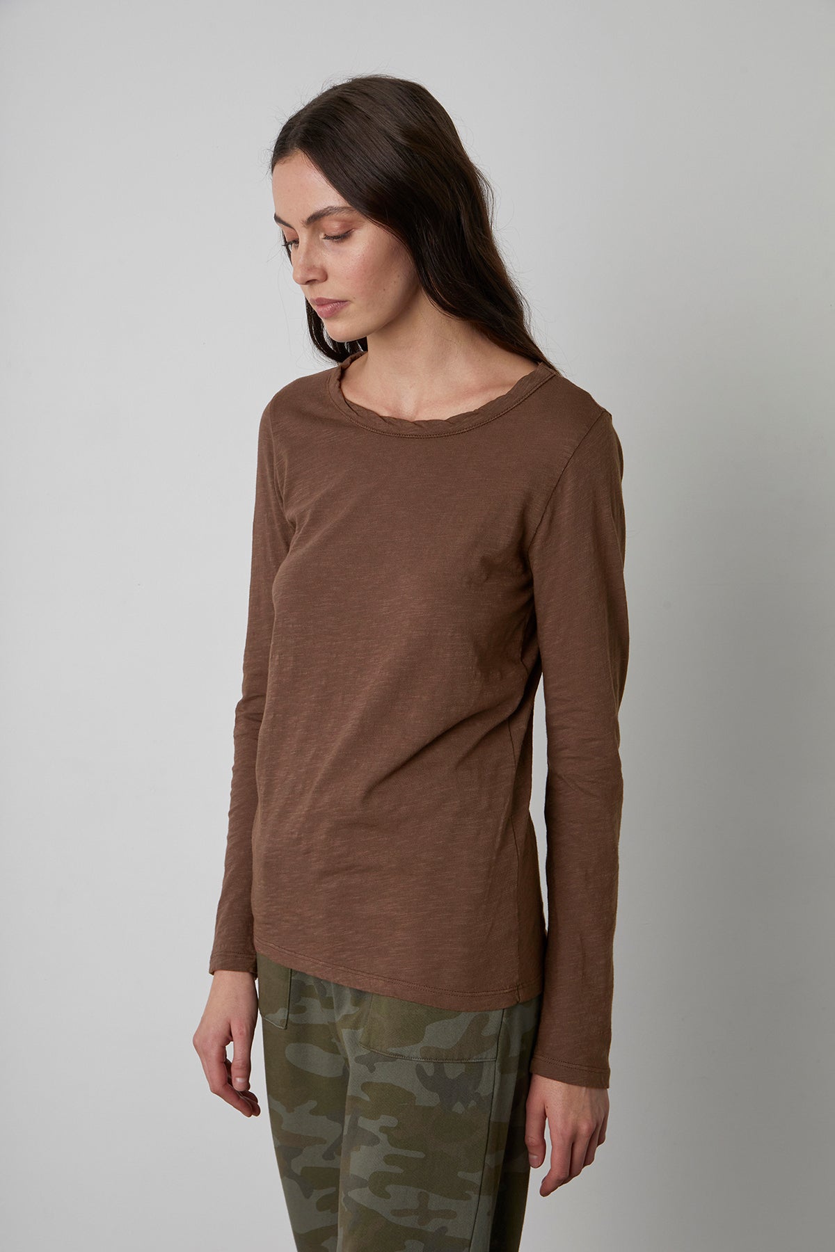   Lizzie Tee Chocolate with Skye Sweatpant Nettle Front & Side 