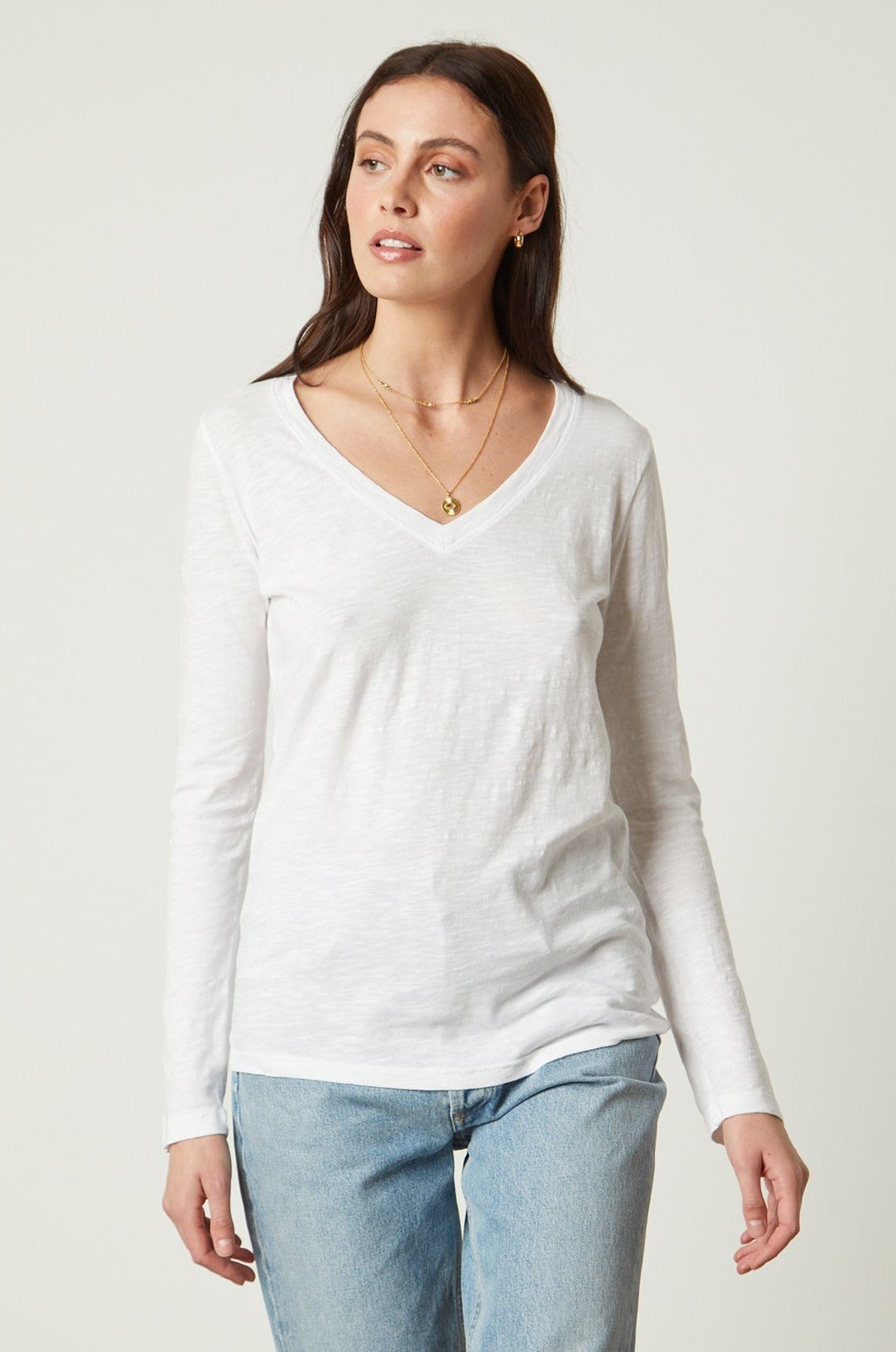   Blaire Original Slub Long Sleeve Tee with V Neck in white with light blue denim front view 