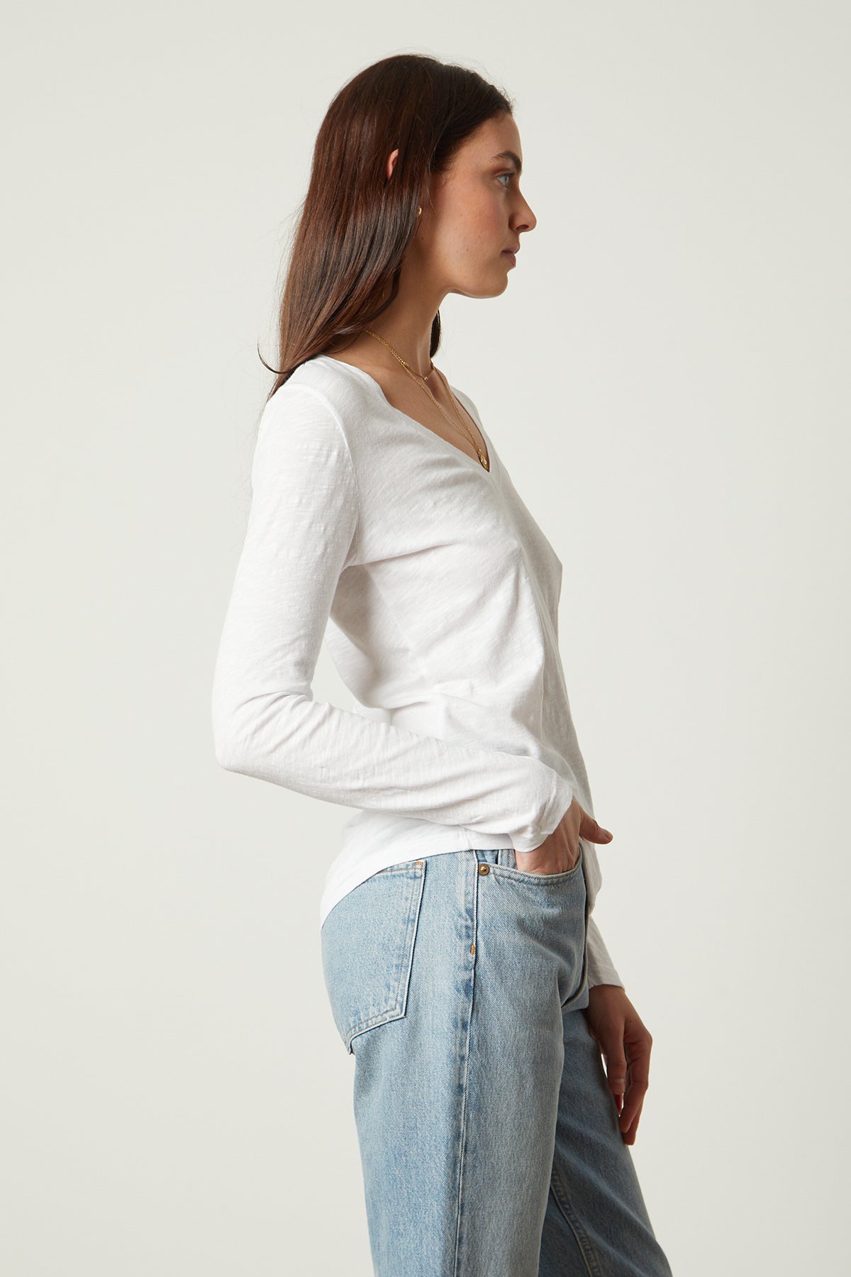 Blaire Original Slub Long Sleeve Tee with V Neck in white with light blue denim side view-25261593198785