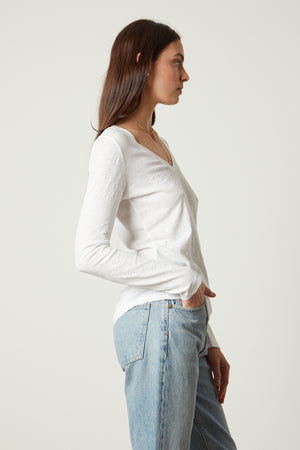 Blaire Original Slub Long Sleeve Tee with V Neck in white with light blue denim side view