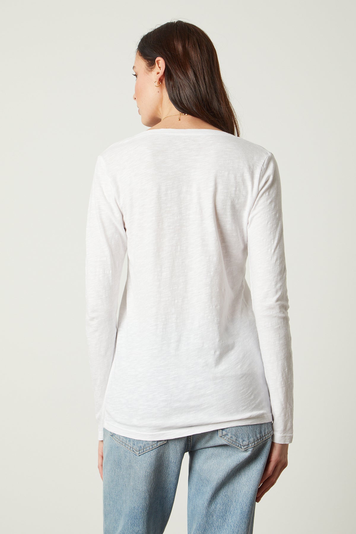 Blaire Original Slub Long Sleeve Tee with V Neck in white with light blue denim back view-25261593231553
