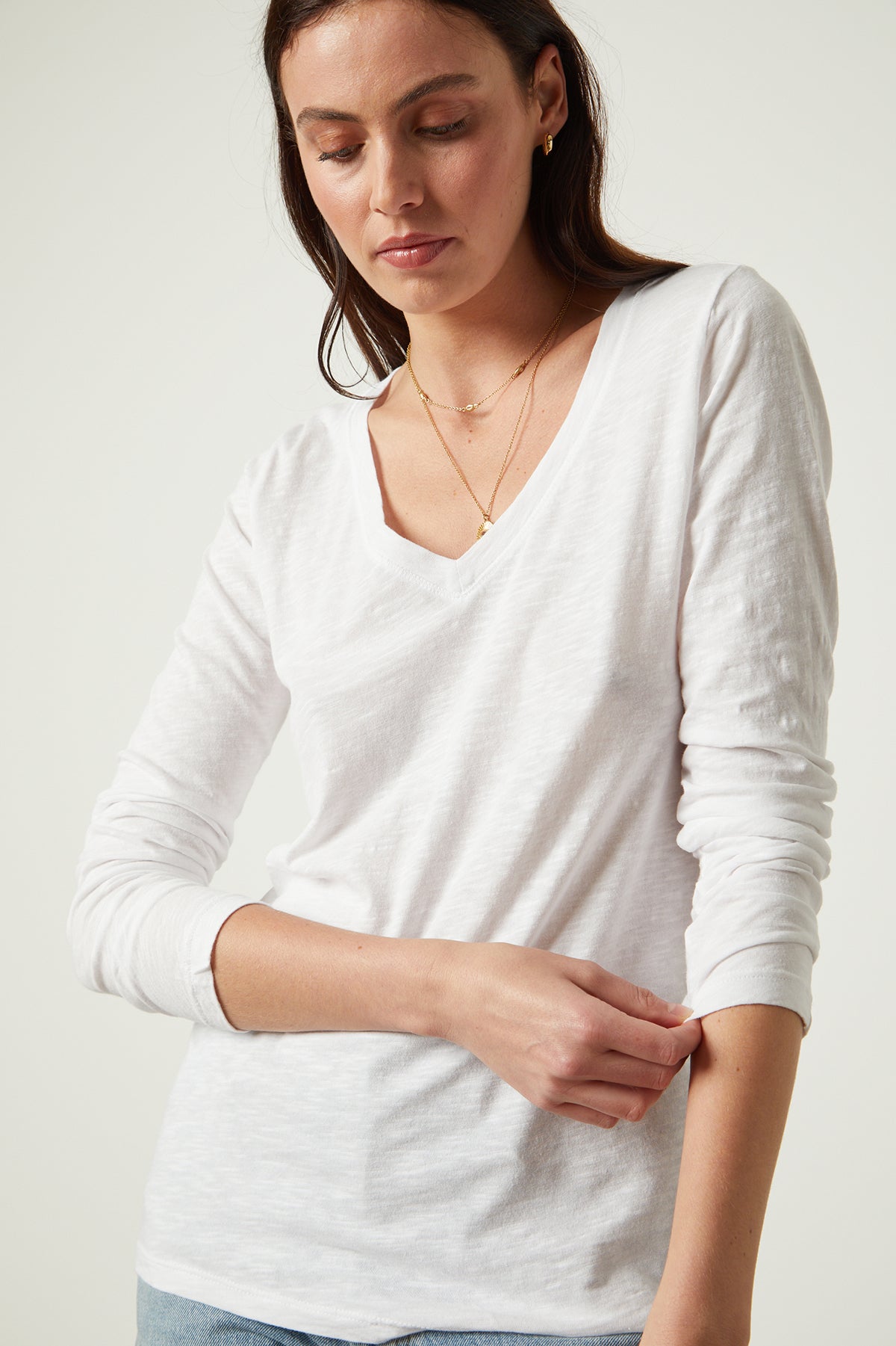 Blaire Original Slub Long Sleeve Tee with V Neck in white close up front detail-25261593264321