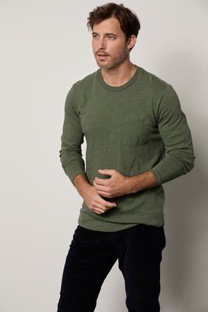 Victor Crew Neck Long Sleeve tee in palm green with black denim front