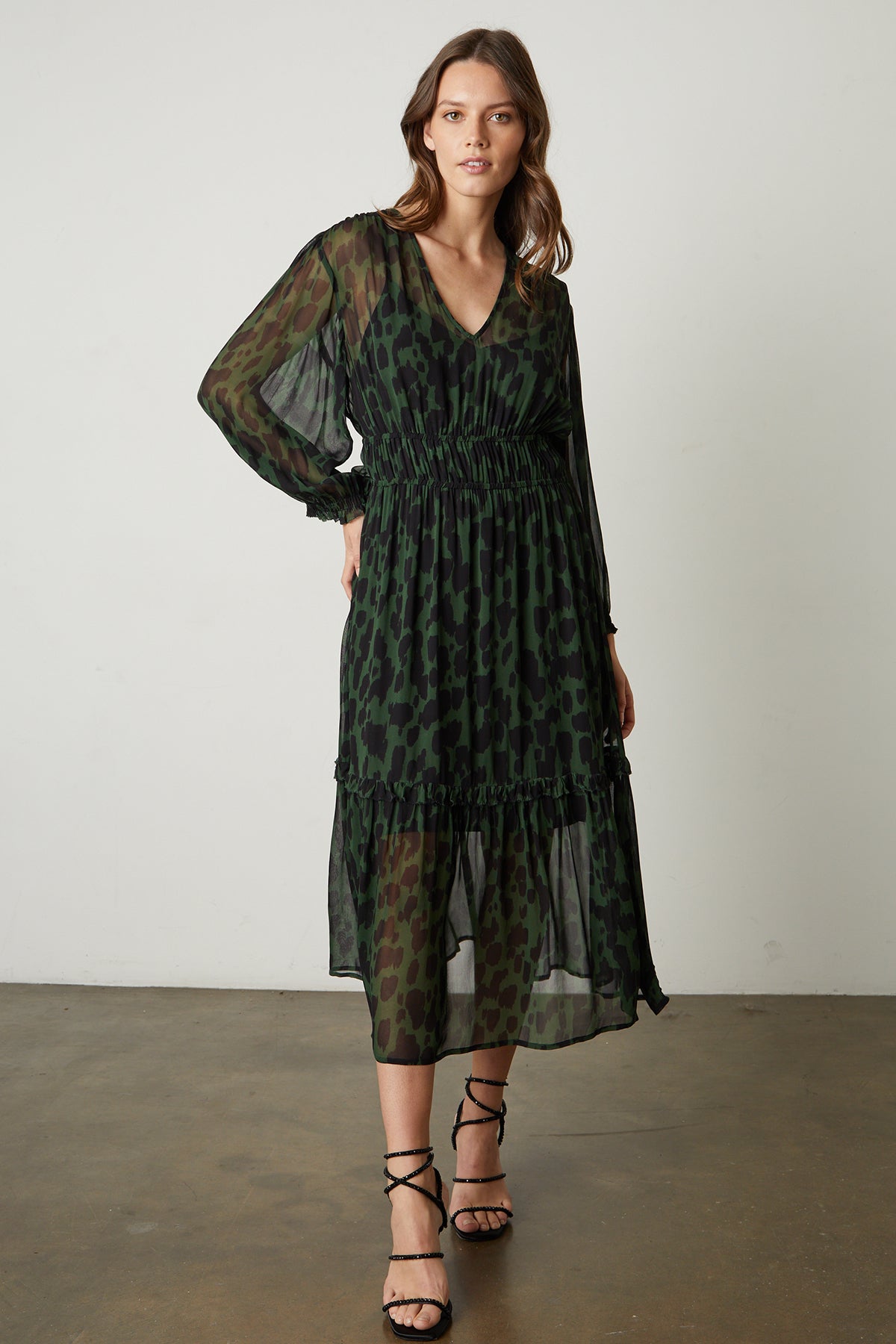 Kendra Printed Maxi Dress in green and black airbrush print with black sandals full length front-25669297438913