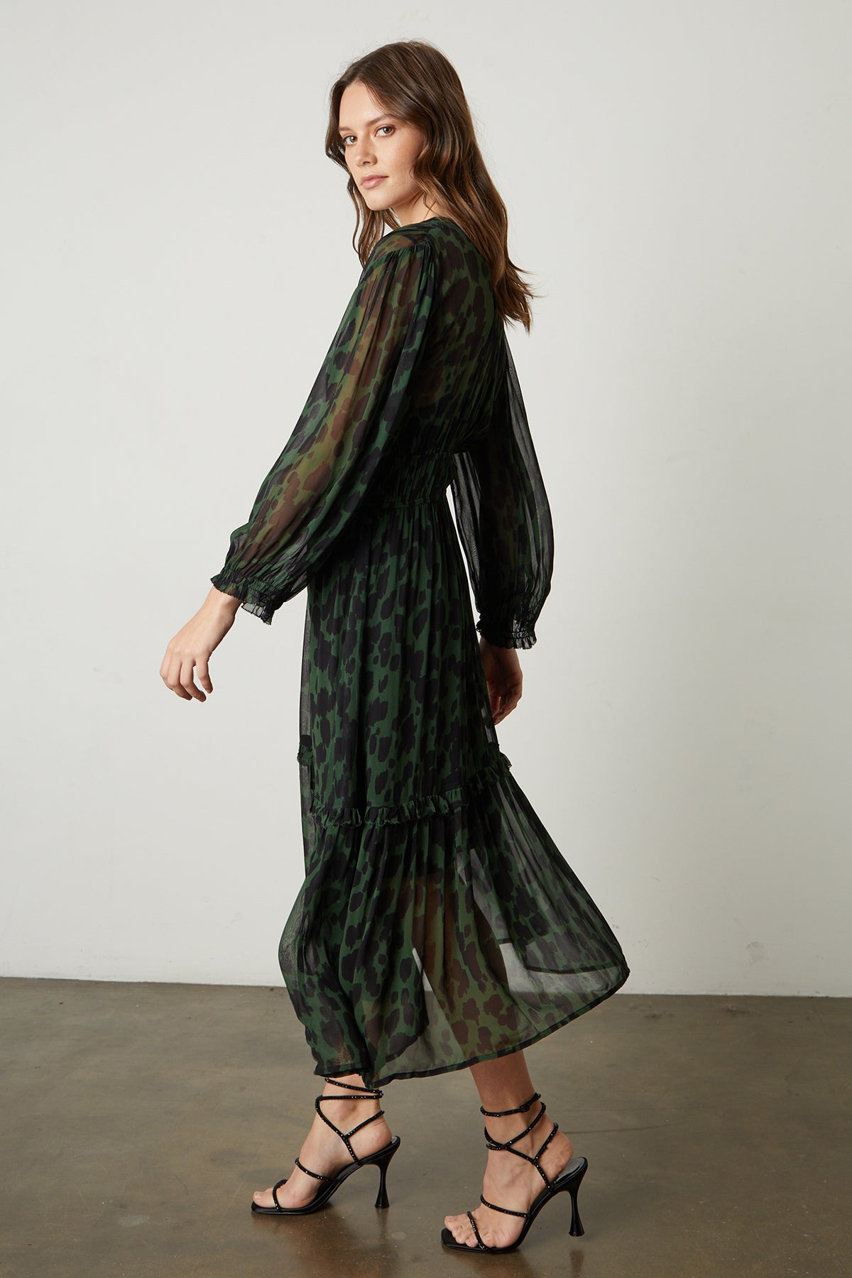 Kendra Printed Maxi Dress in green and black airbrush print with black sandals full length side-25669297471681