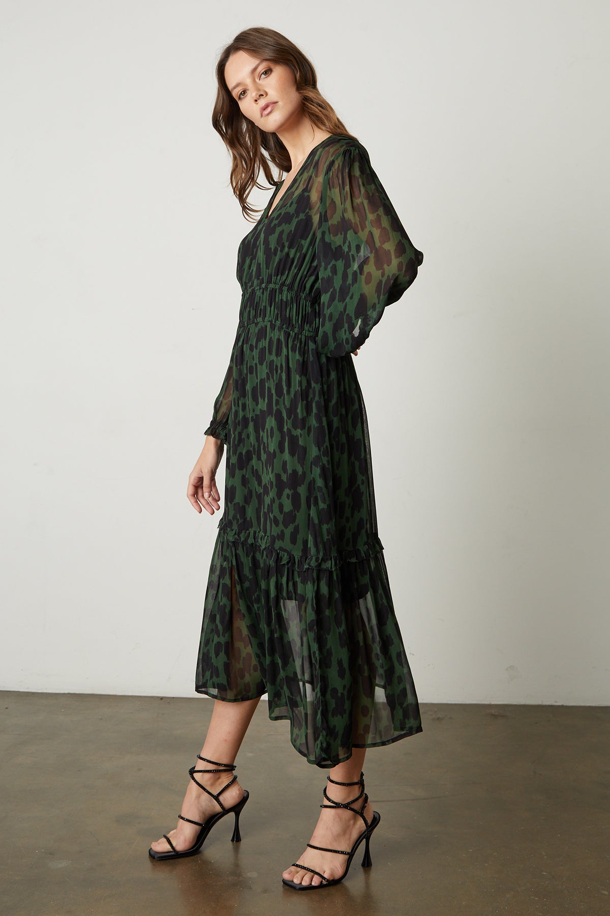   Kendra Printed Maxi Dress in green and black airbrush print with black sandals full length side & front 