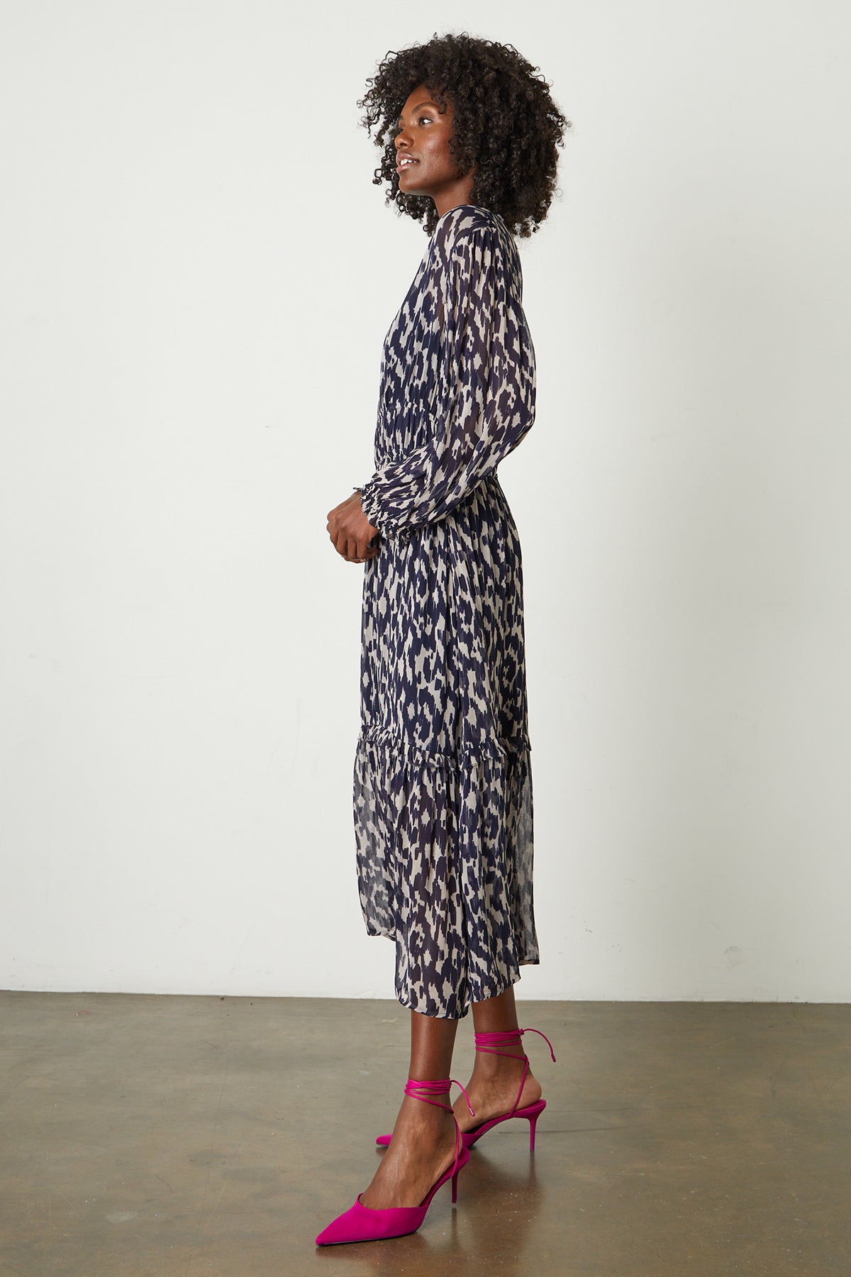 Kendra Printed Maxi Dress in calico print with hot pink heels full length side-25669297602753