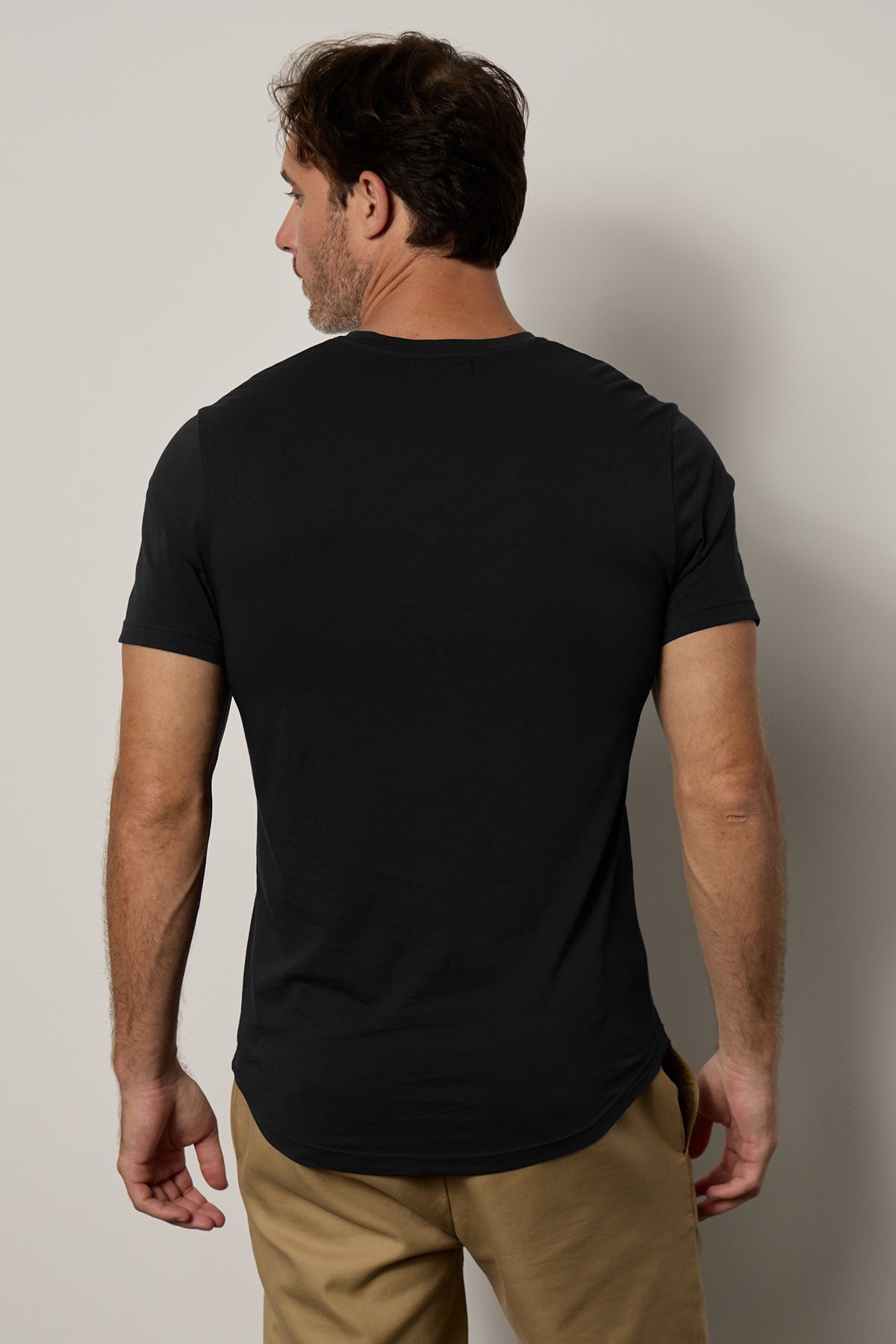 Fulton Short Sleeve Henley in black with Aiden pant in khaki back-25943764271297