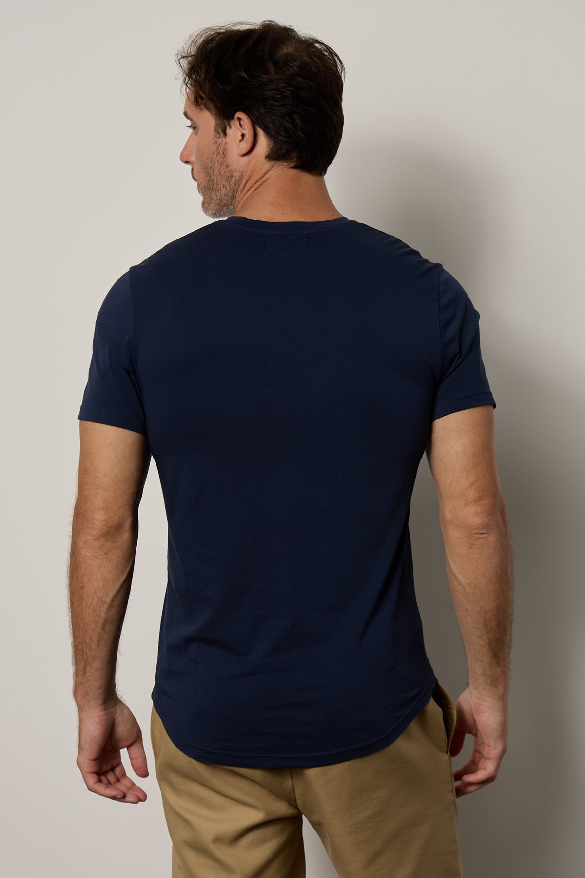 Fulton Short Sleeve Henley in midnight with Aiden pant in khaki back-26079171739841