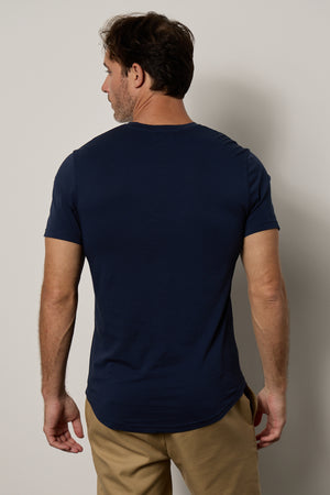 Fulton Short Sleeve Henley in midnight with Aiden pant in khaki back