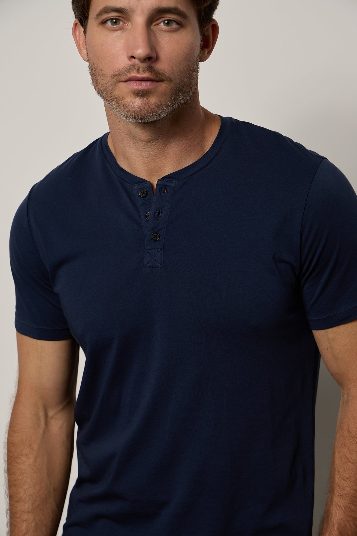   Fulton Short Sleeve Henley in midnight close up front detail 