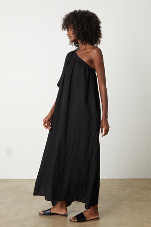 Andrea Linen Dress in black with black slides full length side