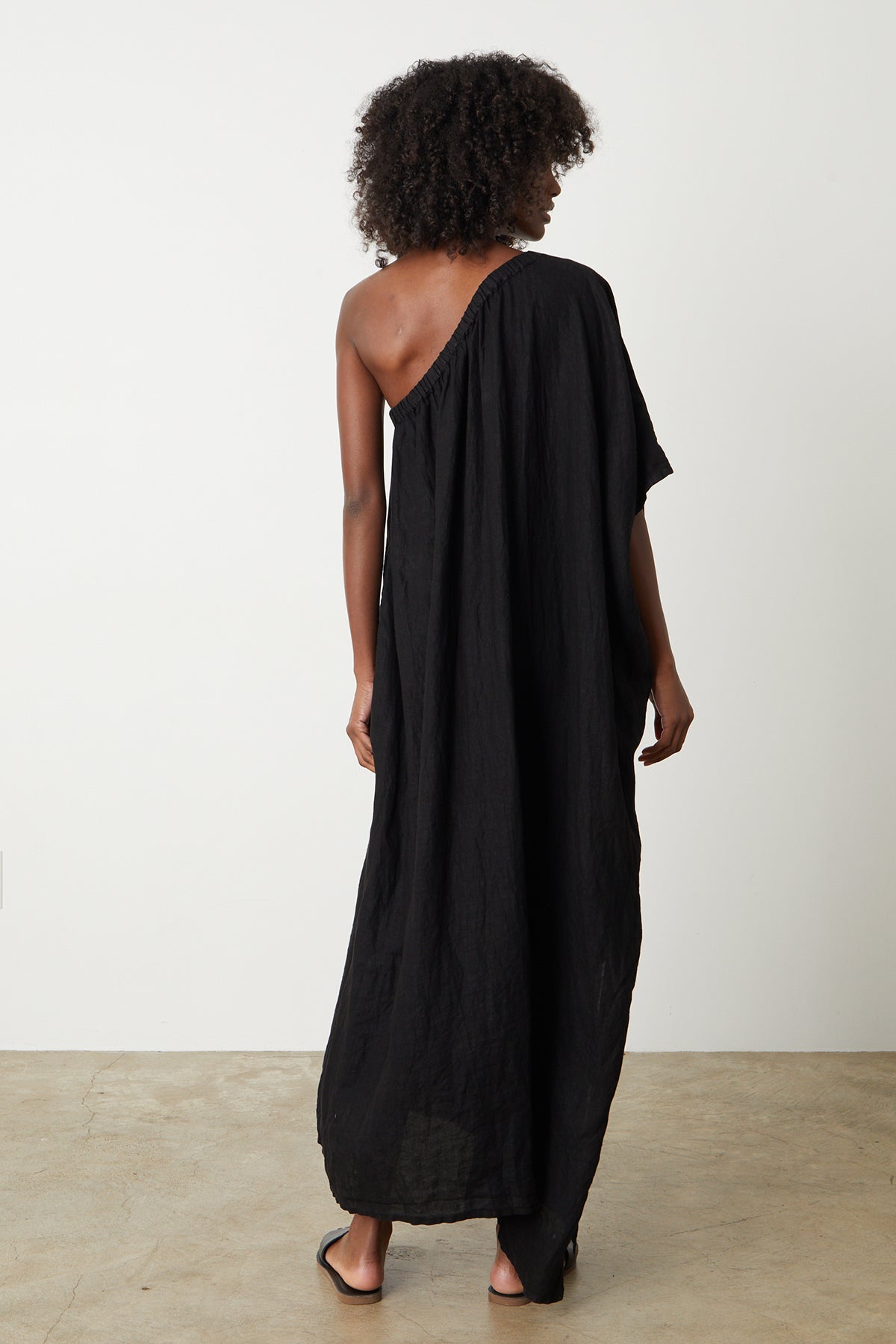 Andrea Linen Dress in black with black slides full length back-26255699476673