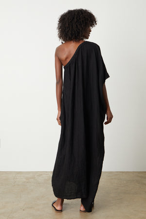 Andrea Linen Dress in black with black slides full length back