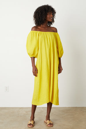 Elly Midi Dress in bright yellow sun colored linen unbelted full length front off shoulders