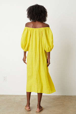 Elly Midi Dress in bright yellow sun colored linen unbelted full length back