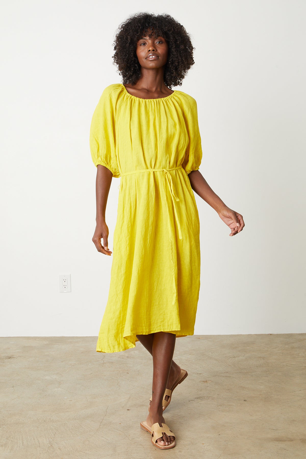   Elly Midi Dress in bright yellow sun colored linen belted full length front 