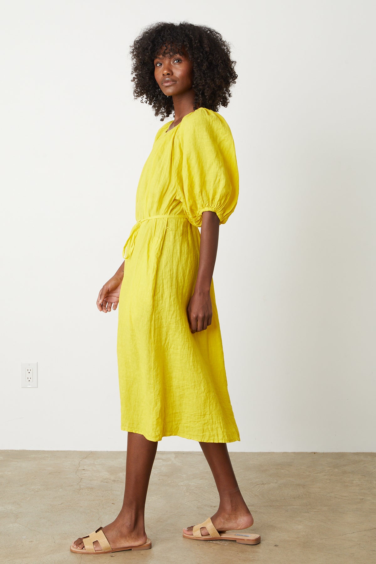   Elly Midi Dress in bright yellow sun colored linen belted full length side 