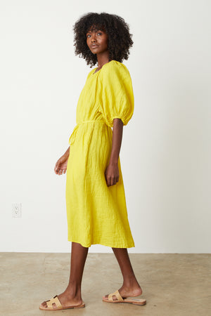 Elly Midi Dress in bright yellow sun colored linen belted full length side