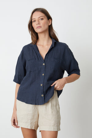 The MARIA LINEN BUTTON-UP SHIRT by Velvet by Graham & Spencer in navy.
