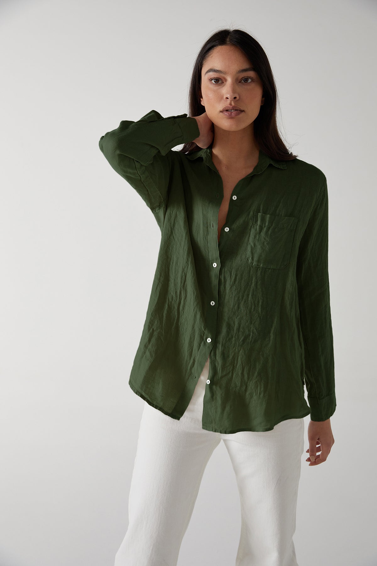 Mulholland Button Up Linen Shirt in Dark Green Dillweed Front-24344561123521