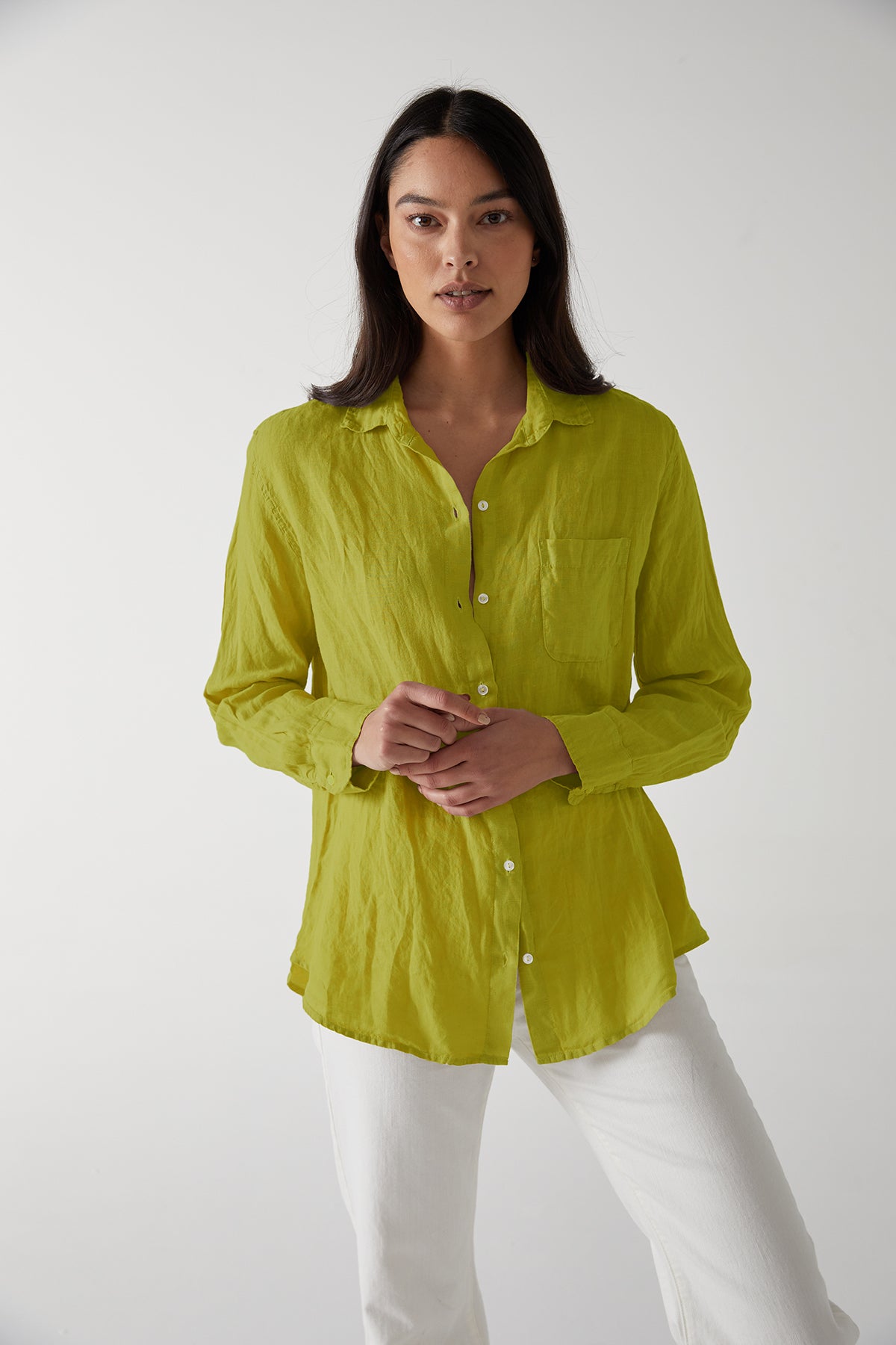Mulholland Button Up Linen Shirt in Lemondrop Front-24532344602817