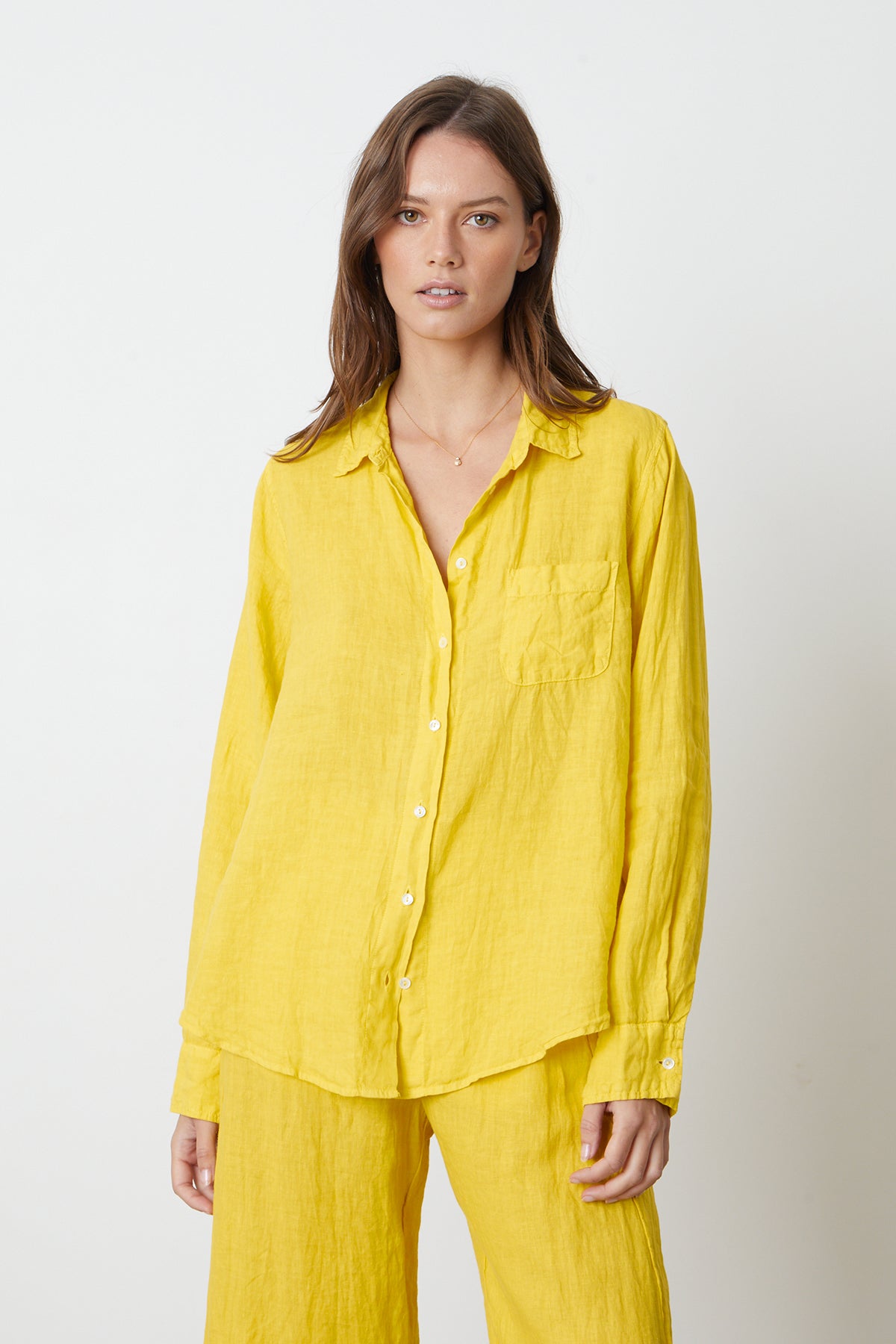   Natalia Button-Up Shirt in bright yellow sun colored linen with Lola pant front 