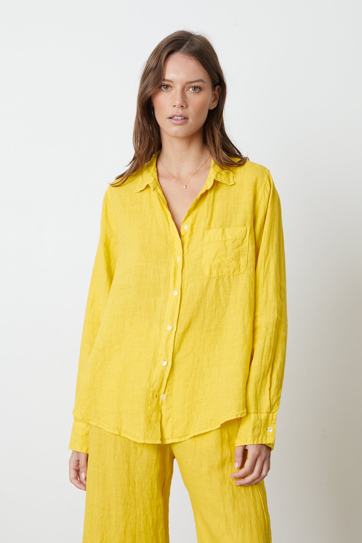 Natalia Button-Up Shirt in bright yellow sun colored linen with Lola pant front-26255711338689