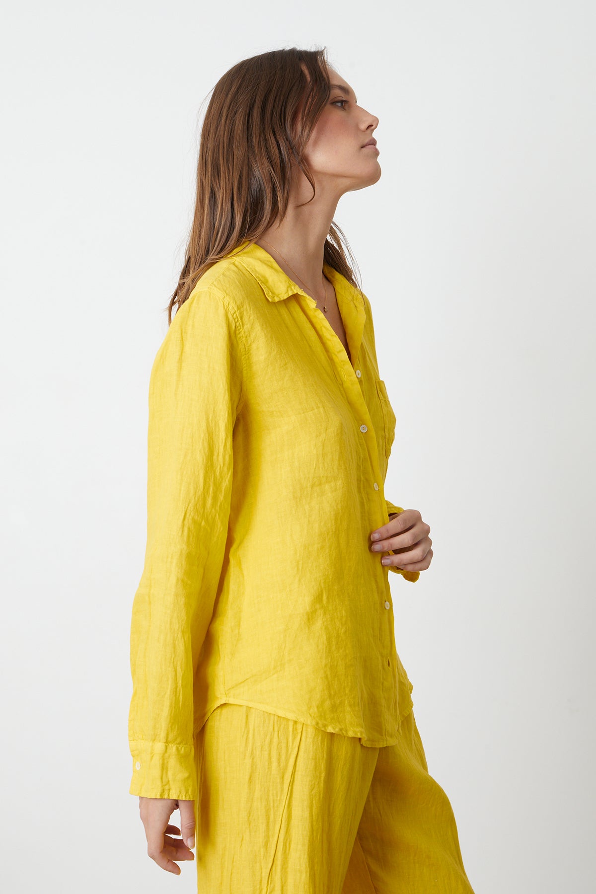   Natalia Button-Up Shirt in bright yellow sun colored linen with Lola pant side 