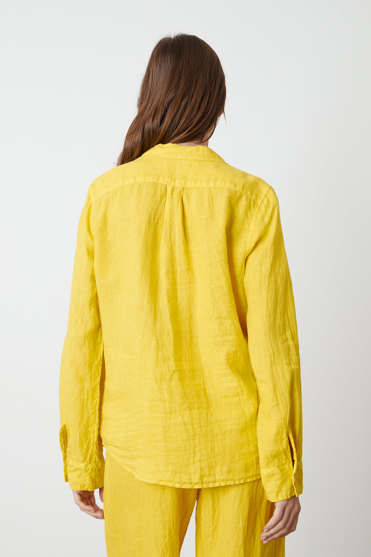   Natalia Button-Up Shirt in bright yellow sun colored linen with Lola pant back 