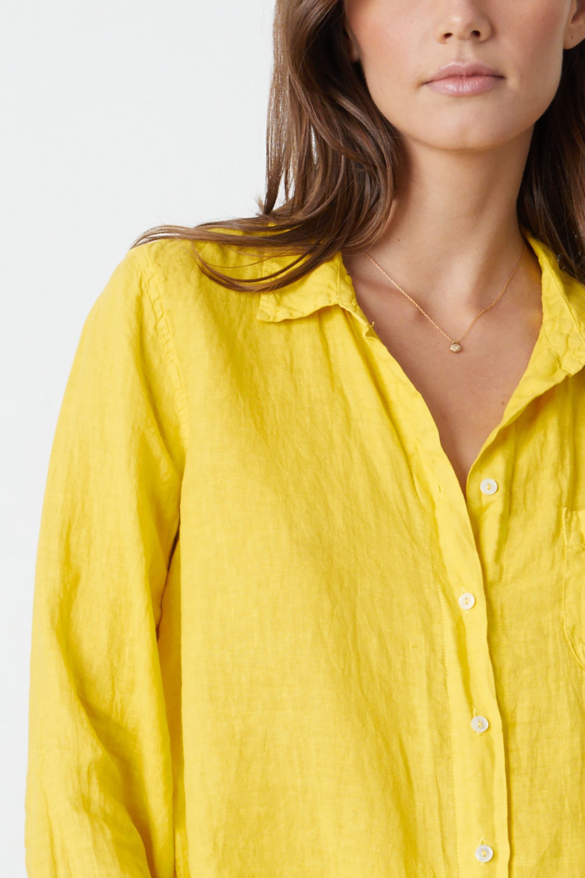 Natalia Button-Up Shirt in bright yellow sun colored linen close up front with necklace-26255711436993