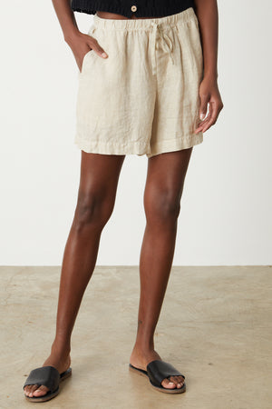 Tammy Short in sand colored woven linen front