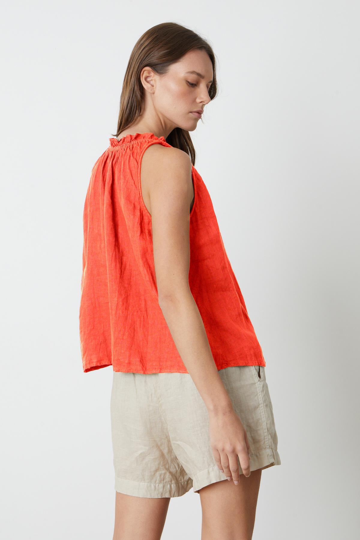 Zoey Tank Top in crimson linen with Tammy shorts back & side-26262129279169