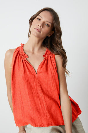 Zoey Tank Top in crimson linen front close up