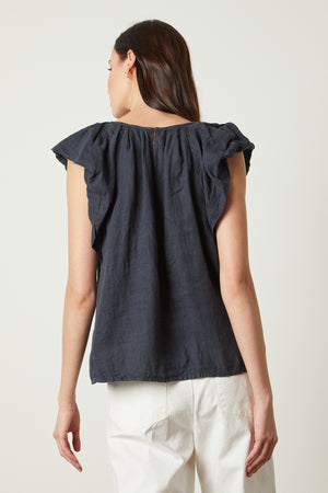Ava Linen V-Neck Top shadow blue with Mya pant in sleet white back