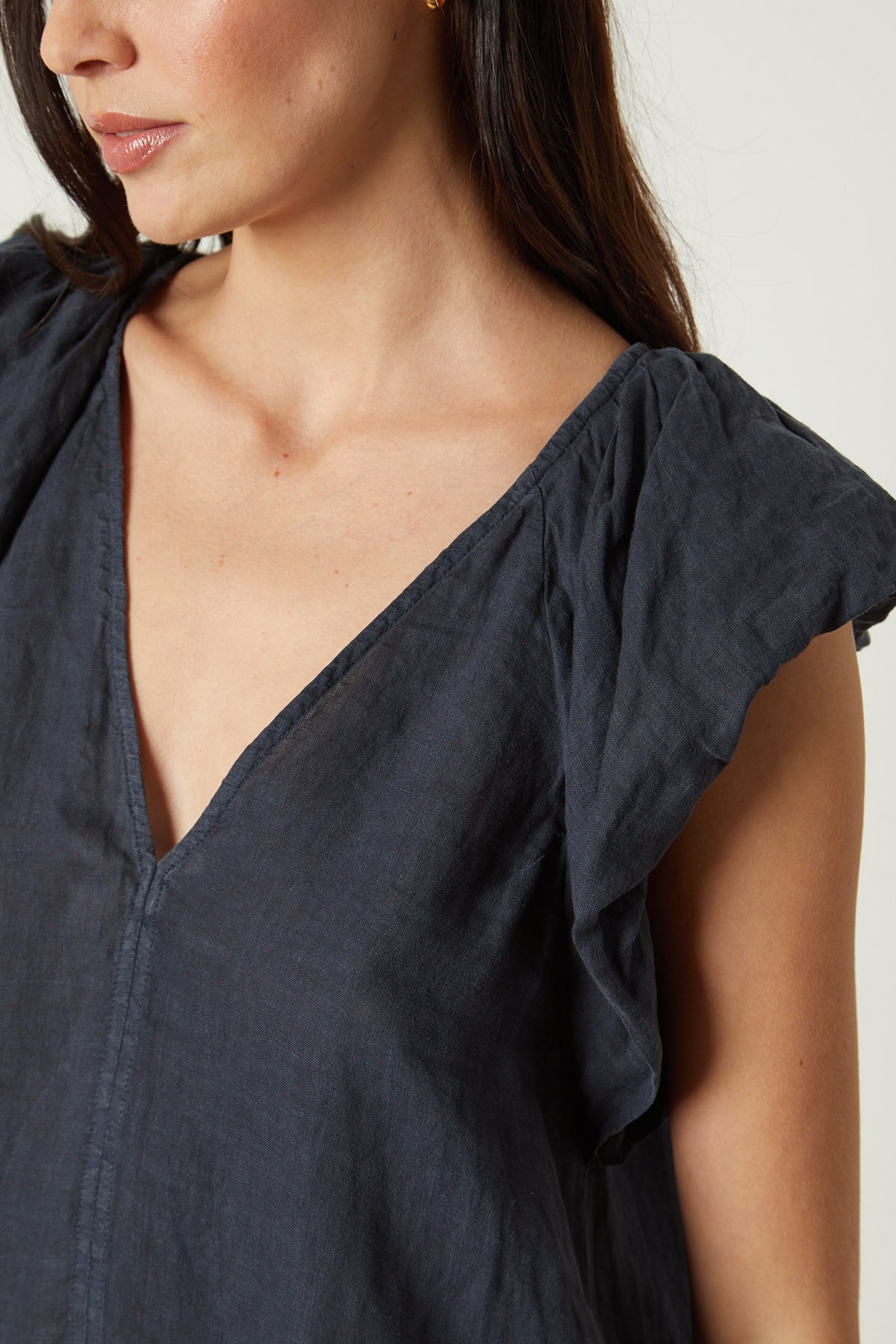   Ava Linen V-Neck Top shadow blue close up front detail 