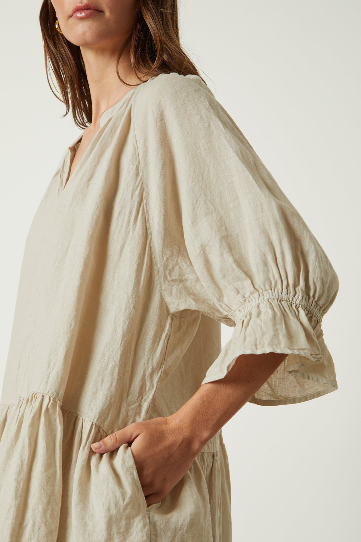 Bria dress in cobble side & front detail with women's hand in pocket-26079013437633