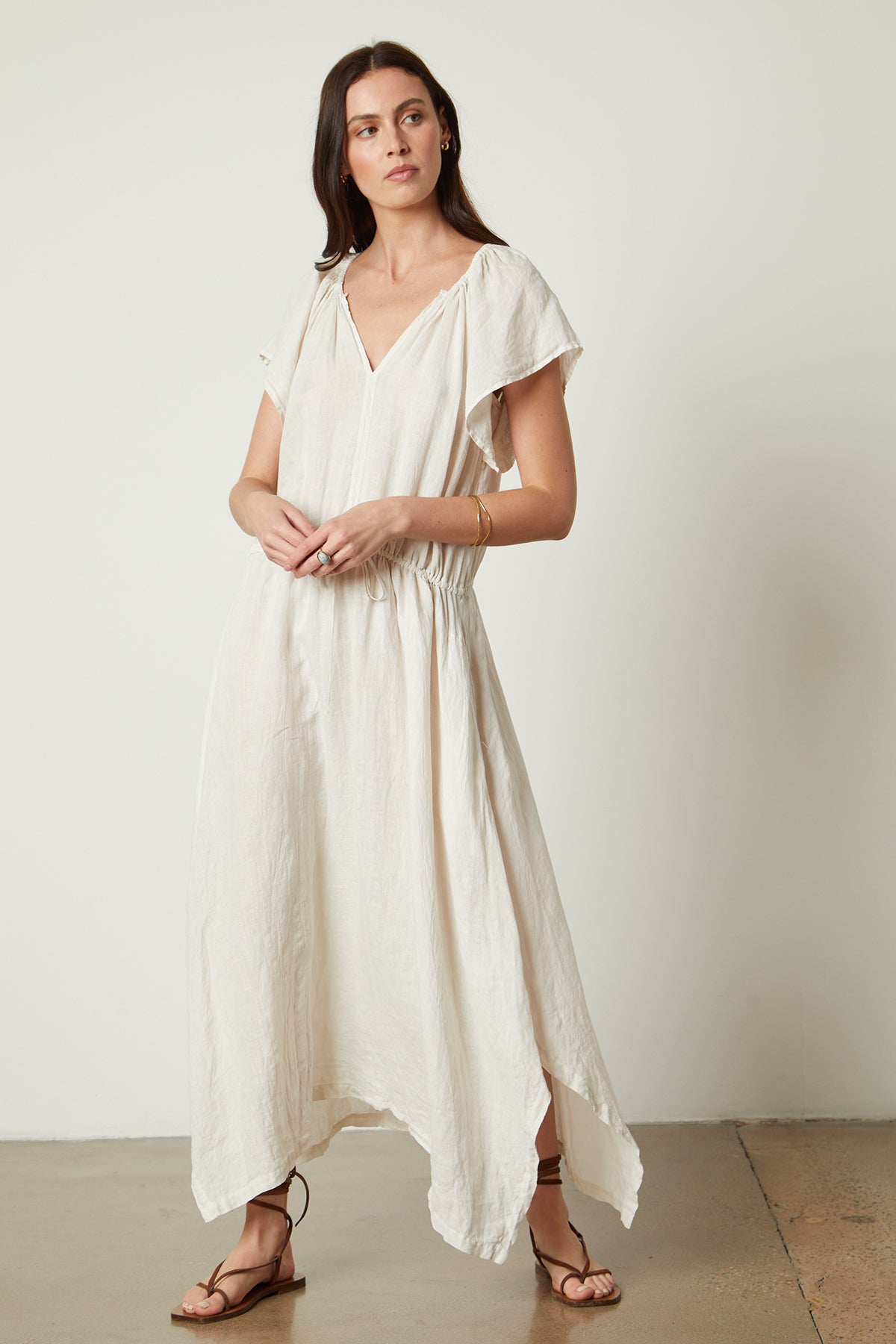 Debbie Linen Dress in cream full length front-26143134417089