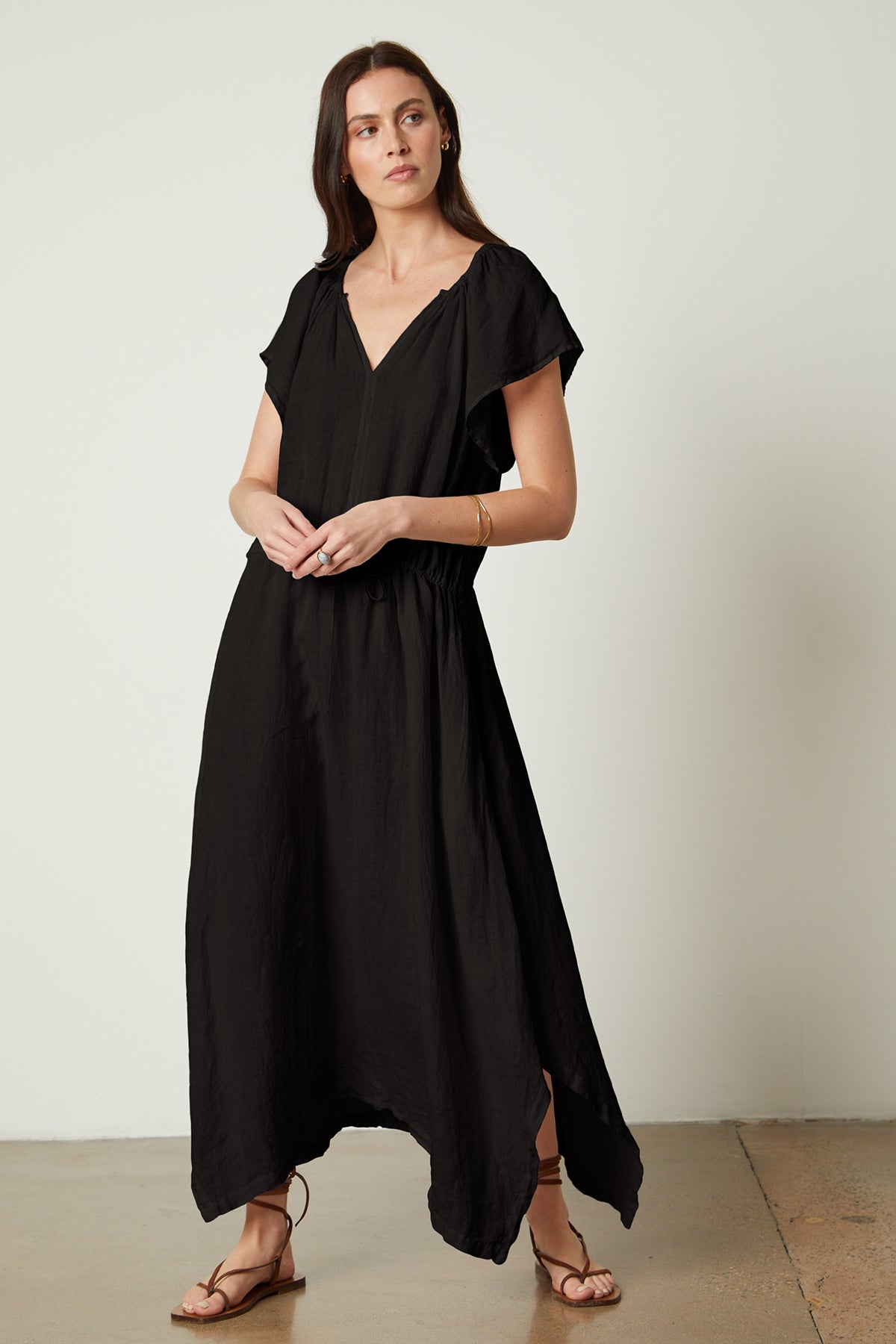 Debbie Linen Dress in black full length front-26143134580929