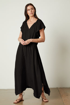 Debbie Linen Dress in black full length front