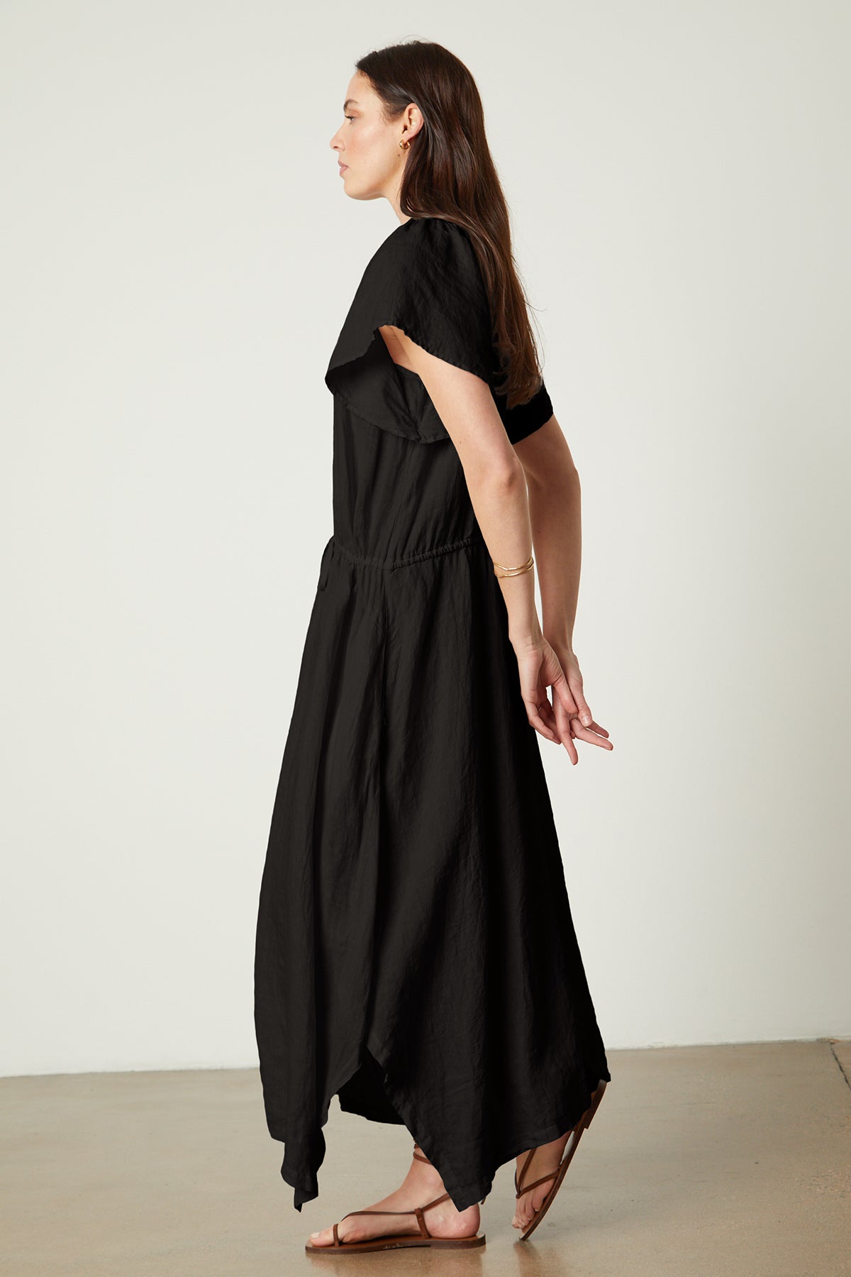 Debbie Linen Dress in black full length side-26143134613697