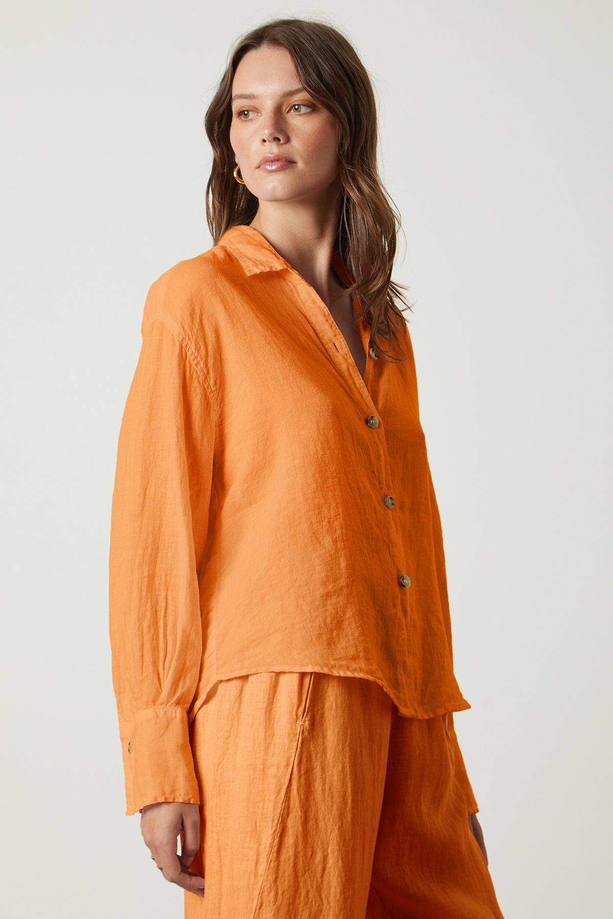 Eden button up shirt in orange heat with Lola pant front & side-26094866038977